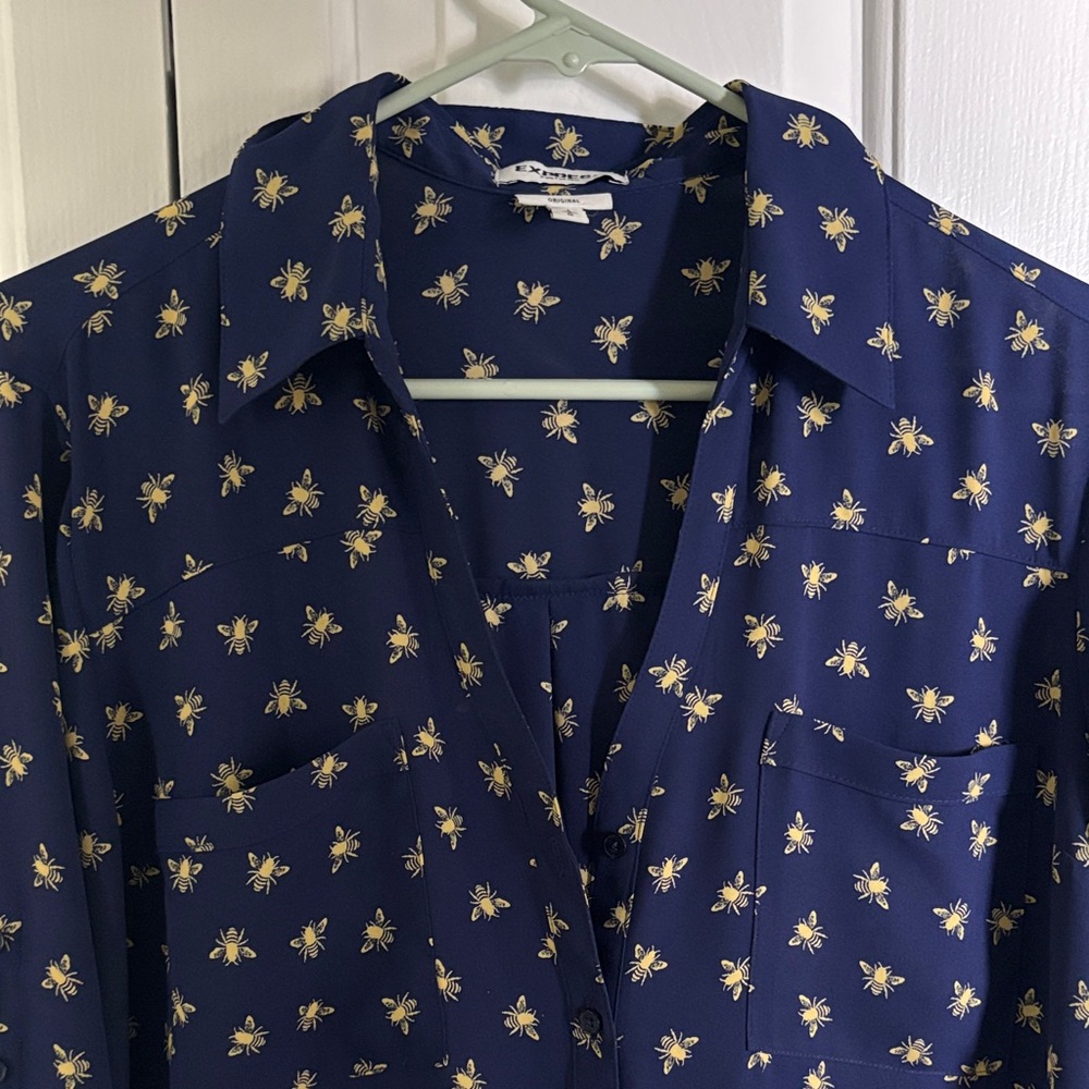 Express Navy Blue Button-Down Shirt with Gold Bee Print
